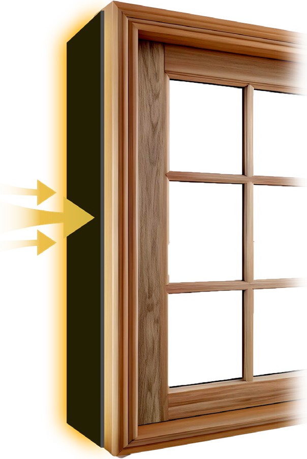Diagram from the tin: a wooden window frame with a gold protective layer on its rear face, moisture arrows arriving from the wall side and stopping at the coating
