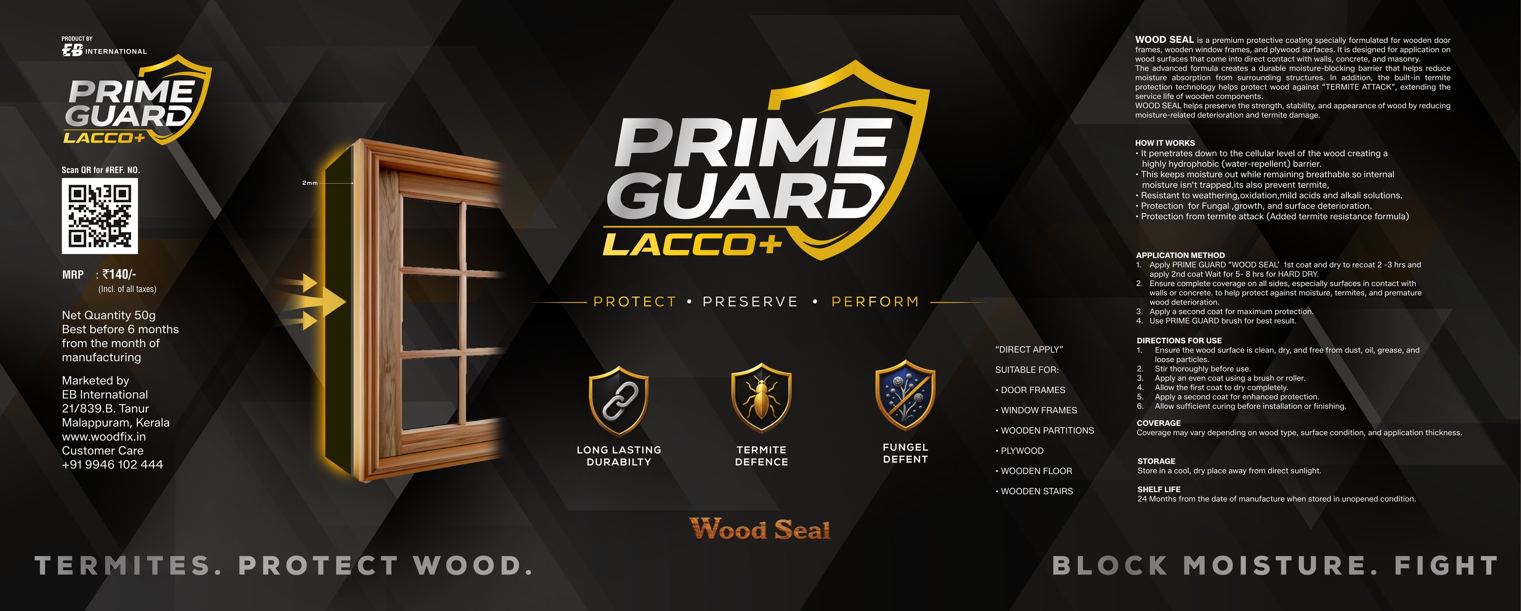The full printed Wood Seal label artwork, showing the product description, application method, directions for use, coverage, storage and shelf life panels