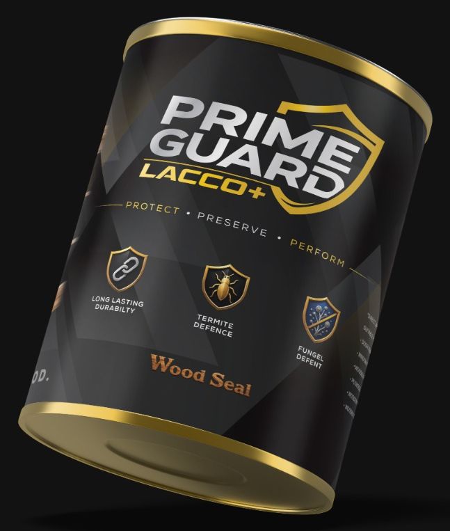 The 1 litre PRIME GUARD Wood Seal tin, black with gold rims and the shield logo