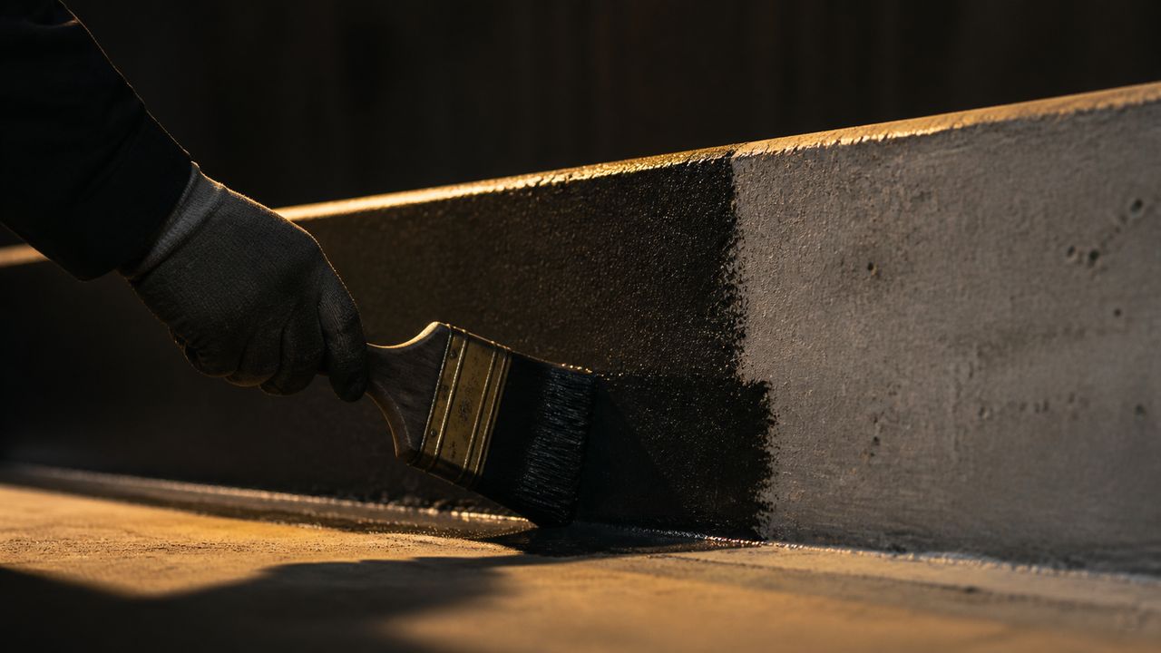 A gloved hand brushing coating along a concrete plinth belt, with a clearly visible wet edge between coated and uncoated concrete