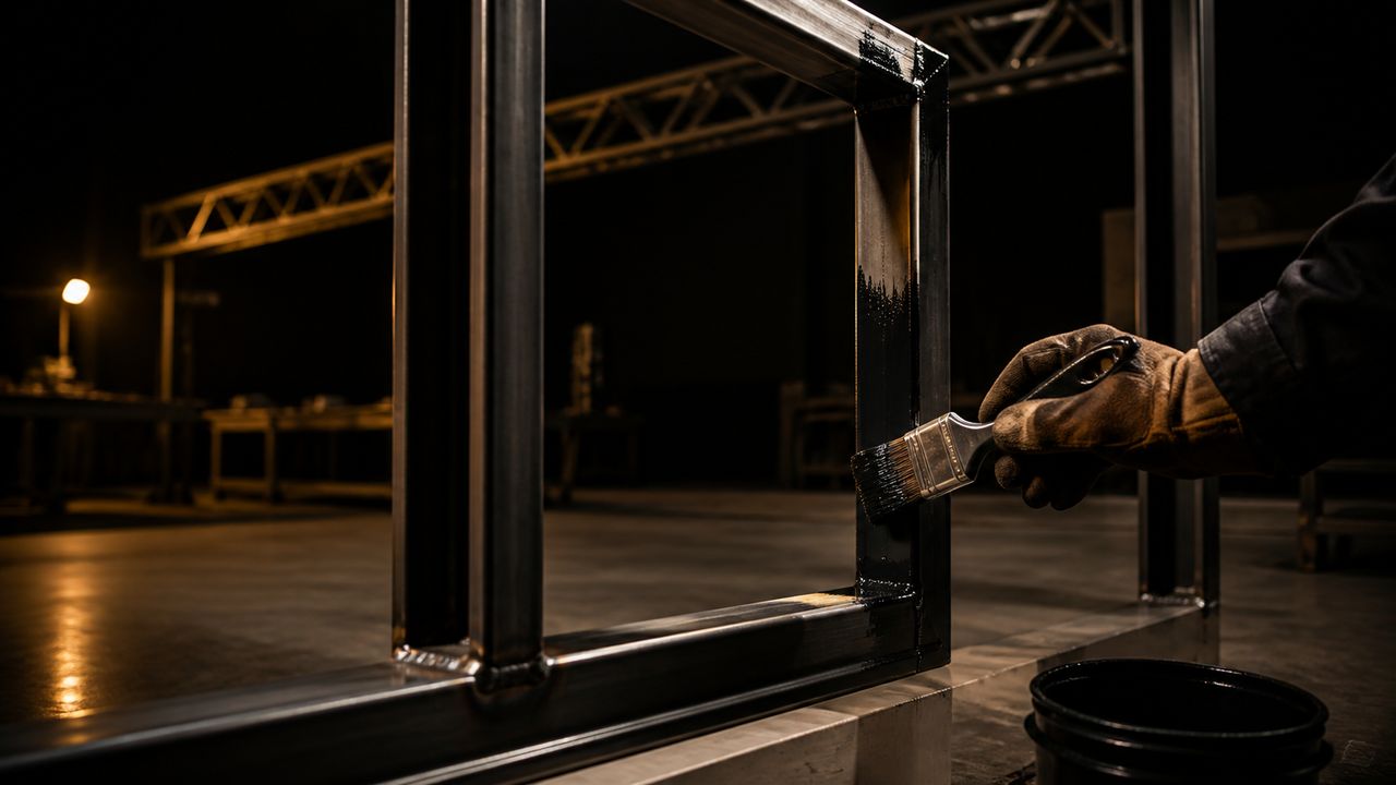 A fabricator brushing protective coating onto a welded mild-steel door frame