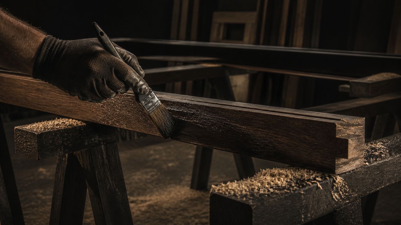 A joiner brushing protective coating onto the back face of a hardwood door frame