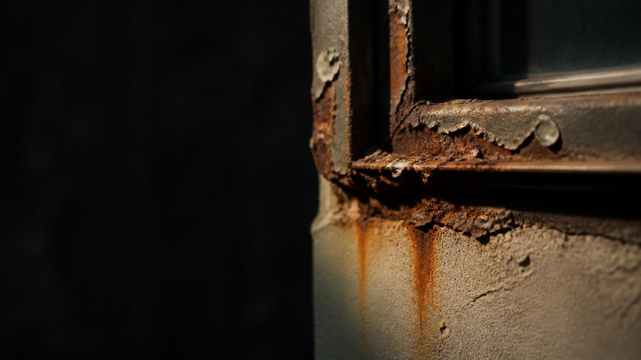 Rust blooming out of the joint where a steel window frame enters masonry