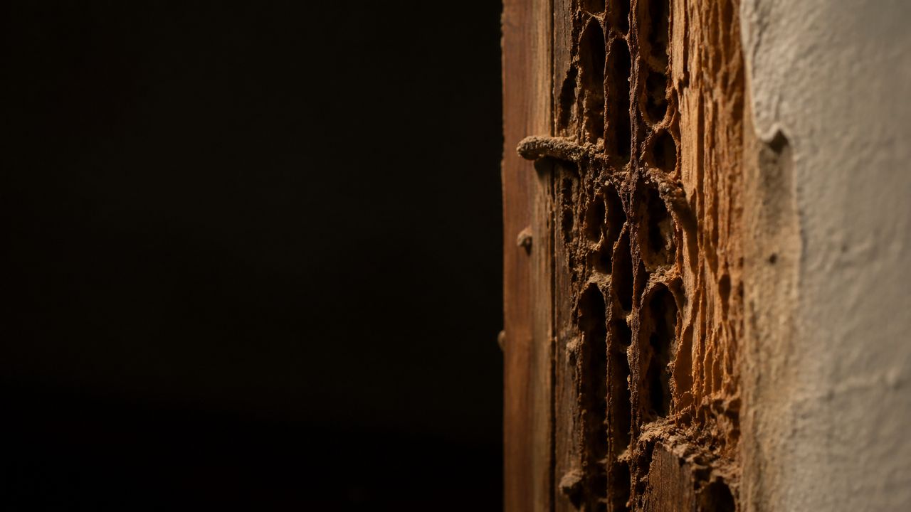 Termite galleries eaten through the grain of a wooden door frame