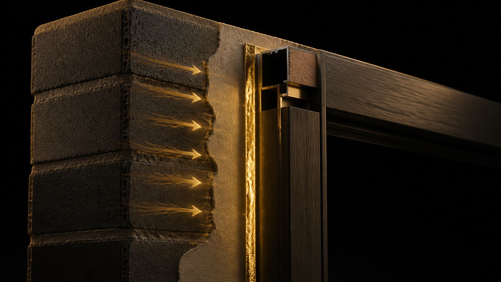 Cutaway of a door frame in a masonry wall: moisture pressing in from the blockwork is stopped at a continuous gold barrier layer between wall and frame